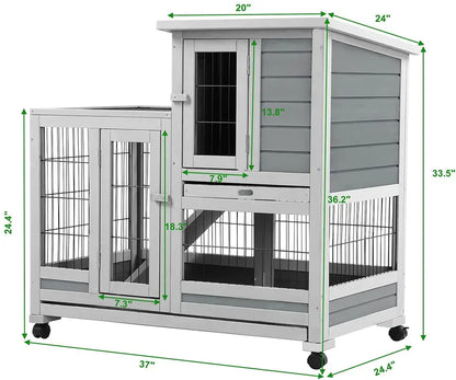 YODOLLA Indoor Rabbit Hutch With Wheels, Fir Wood, 37 x 24.4 x 33.5 in