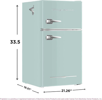 Frigidaire Retro 2 Door Mini Refrigerator With Freezer And Side Bottle Opener, 3.1 Cu Ft, 19in D x 20.5in W x 33.5in H