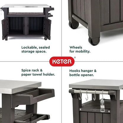 Keter Outdoor Rolling Prep And Bar Cart, Resin - Dark Brown