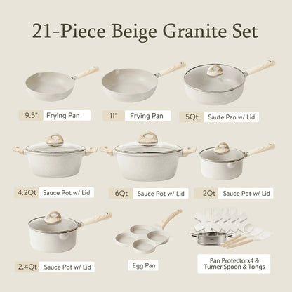 Nonstick Granite Kitchen Cookware Set, 21-Piece, Beige, Induction