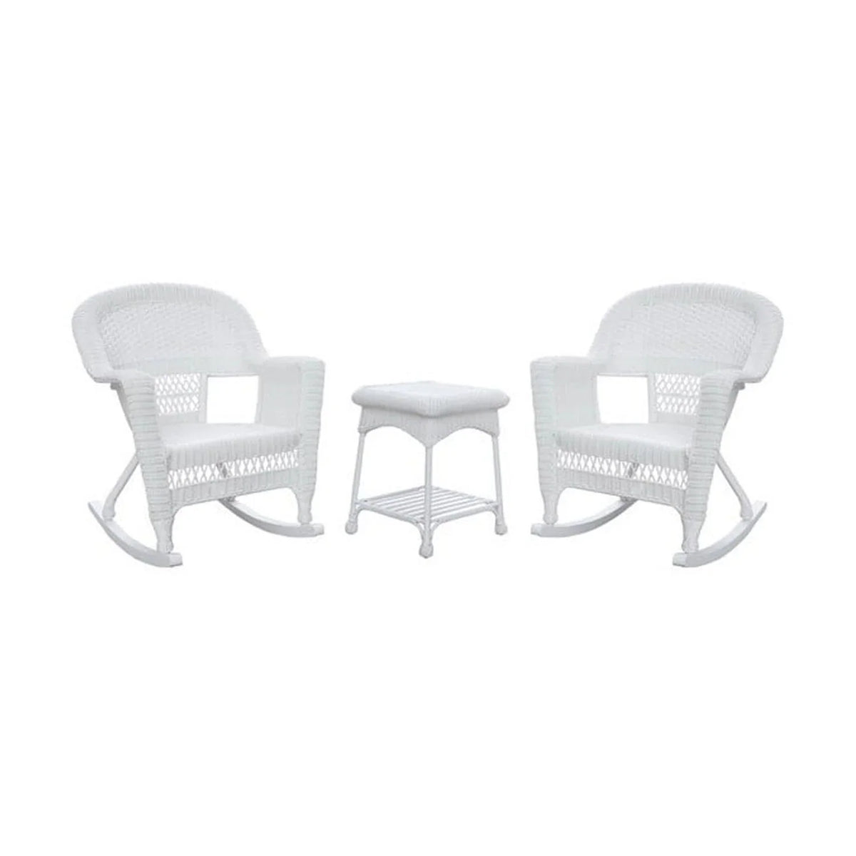 Jeco Resin Wicker Outdoor Patio Rocker Chair And End Table Set, 3-Piece, White