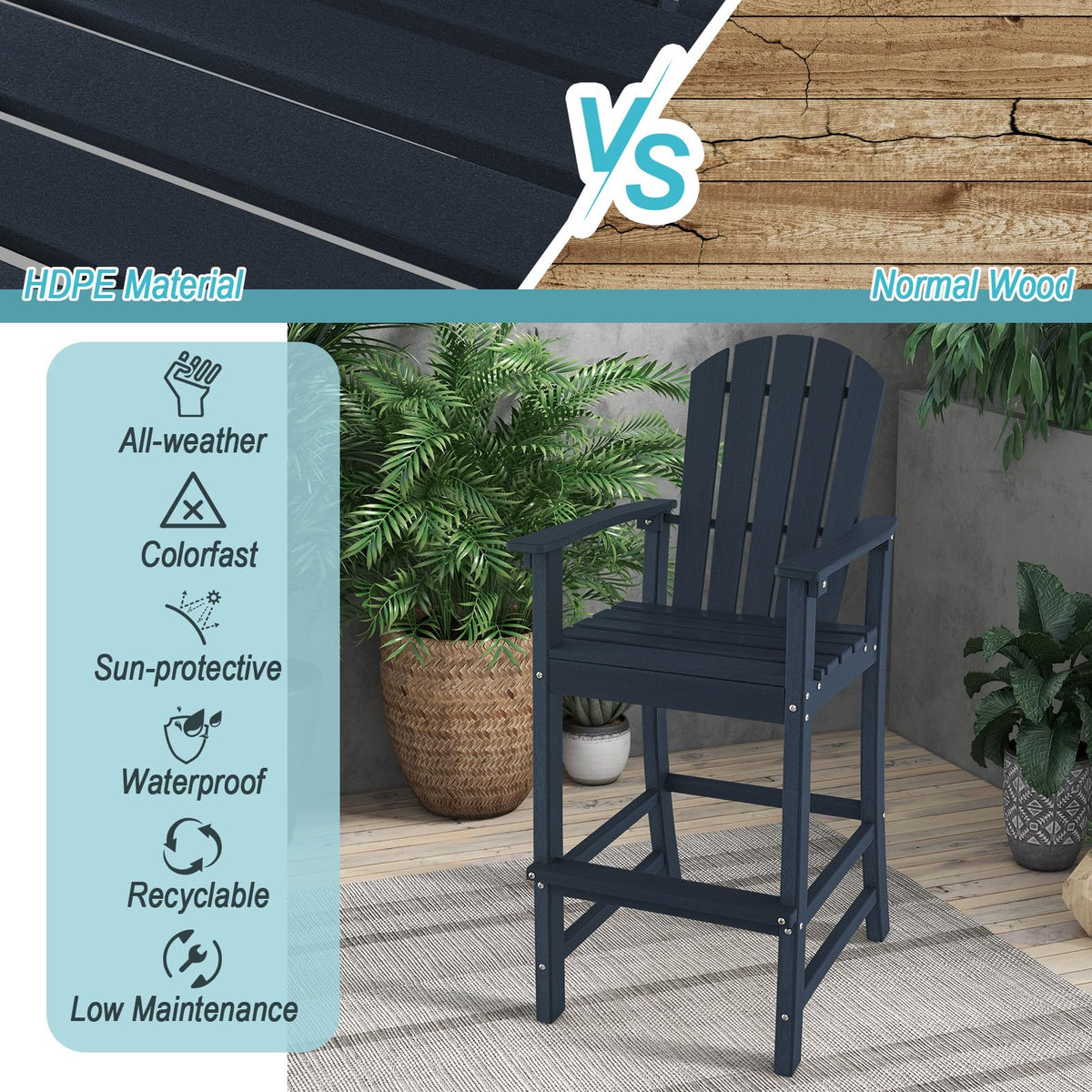 Outdoor HDPE Tall Adirondack Counter Height Bar Stool With Armrests And Footrest - 30Quot