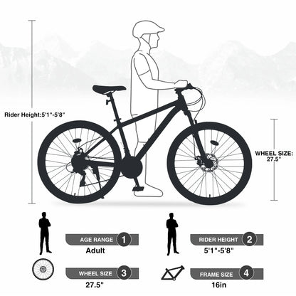 Men's 27.5 in Mountain Bike - 21-Speed Aluminum Alloy Frame, Front Suspension, Double Disc Brakes