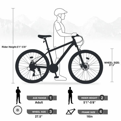Men's 27.5 in Mountain Bike - 21-Speed Aluminum Alloy Frame, Front Suspension, Double Disc Brakes