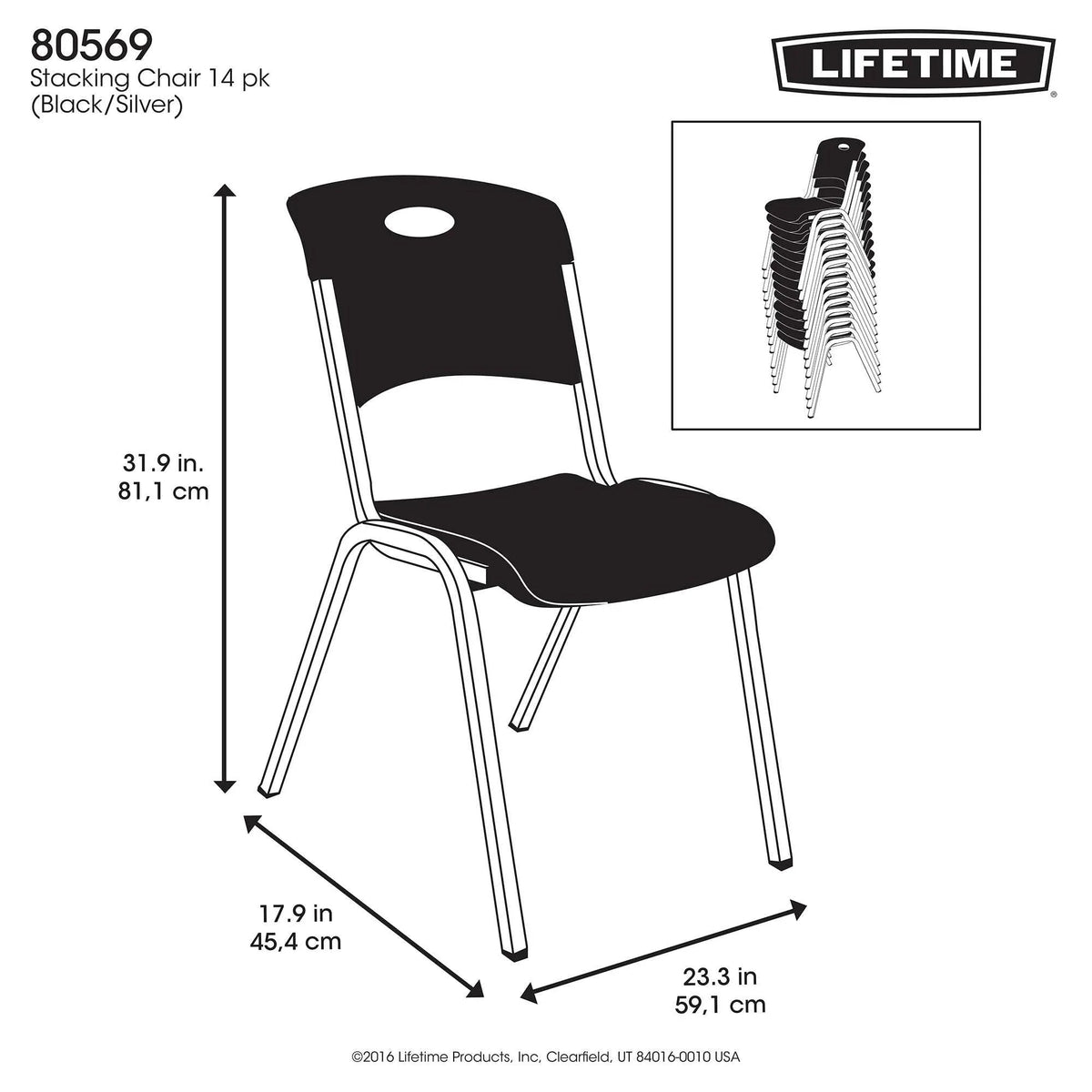 Lifetime Steel-Framed Indoor/Outdoor Commercial Grade Stacking Chairs, Black & Silver, Set Of 14 - 80569